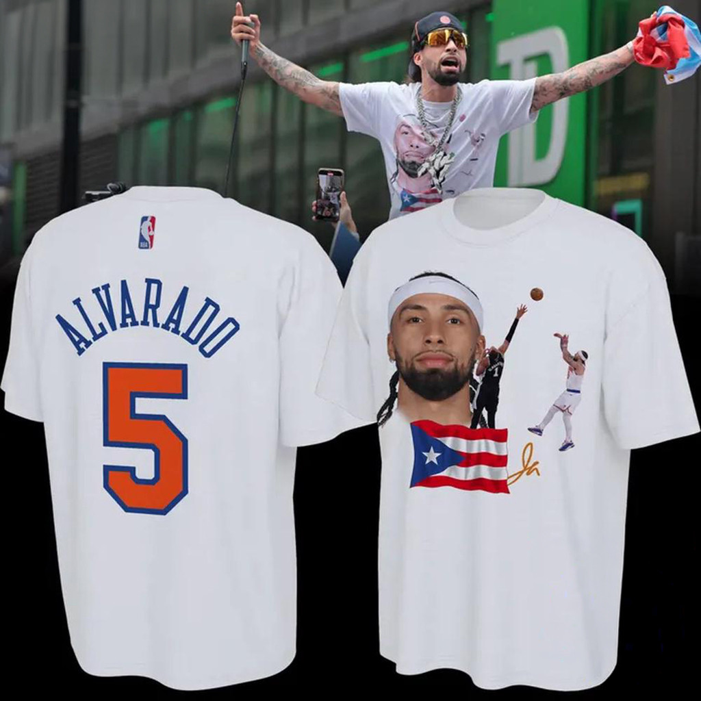 #5 Jose Alvarado Signature Puerto Rico Flag New York Knicks 2026 Finals Champions T-Shirt White