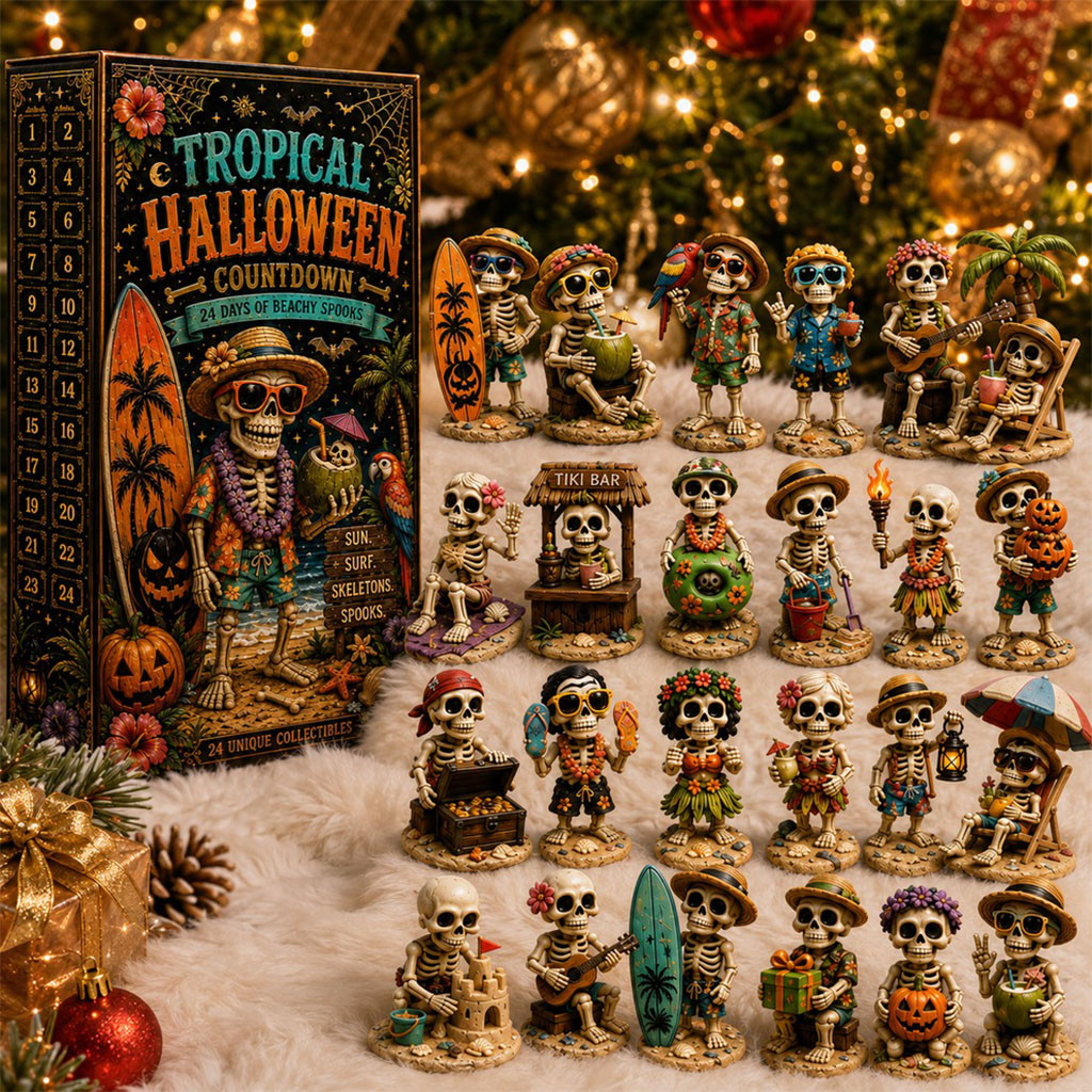24-Day Beach Vacation Skeleton Halloween Countdown Advent Calendar Tropical Ornaments Gifts