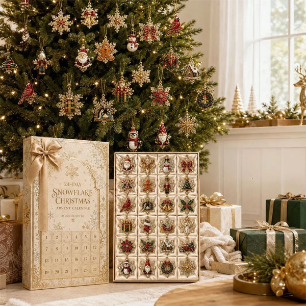 24 Days Of Snowflake Christmas Advent Calendar Xmas Ornaments Decor Gift For Family - Image 2