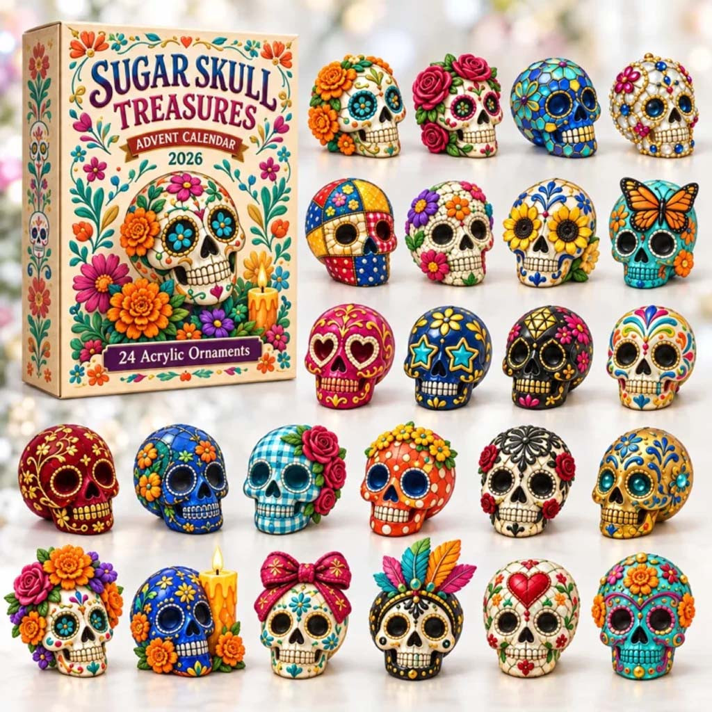 24 Days of Sugar Skull Treasures Advent Calendar Day Of The Dead Holiday Ornaments Gifts
