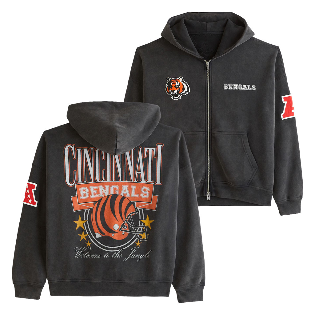Abercrombie & Fitch x NFL Merch 2026 Cincinnati Bengals Welcome To The Jungle Zip Hoodie Bengals Merch