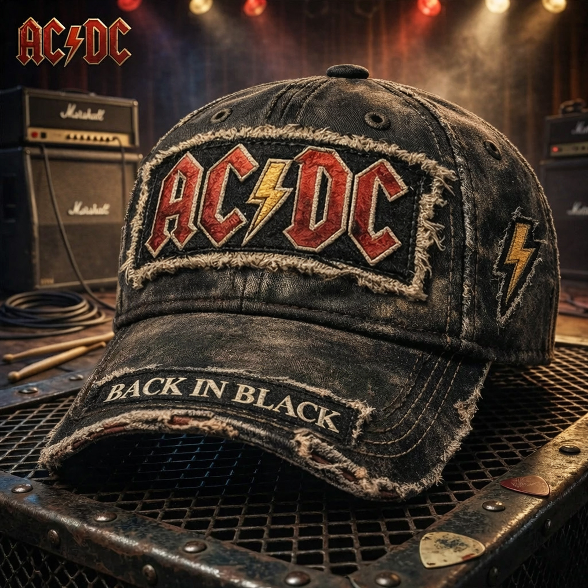 ACDC Back In Black Distressed Hat ACDC Merch Rock Band Vintage Hat Fan Gift