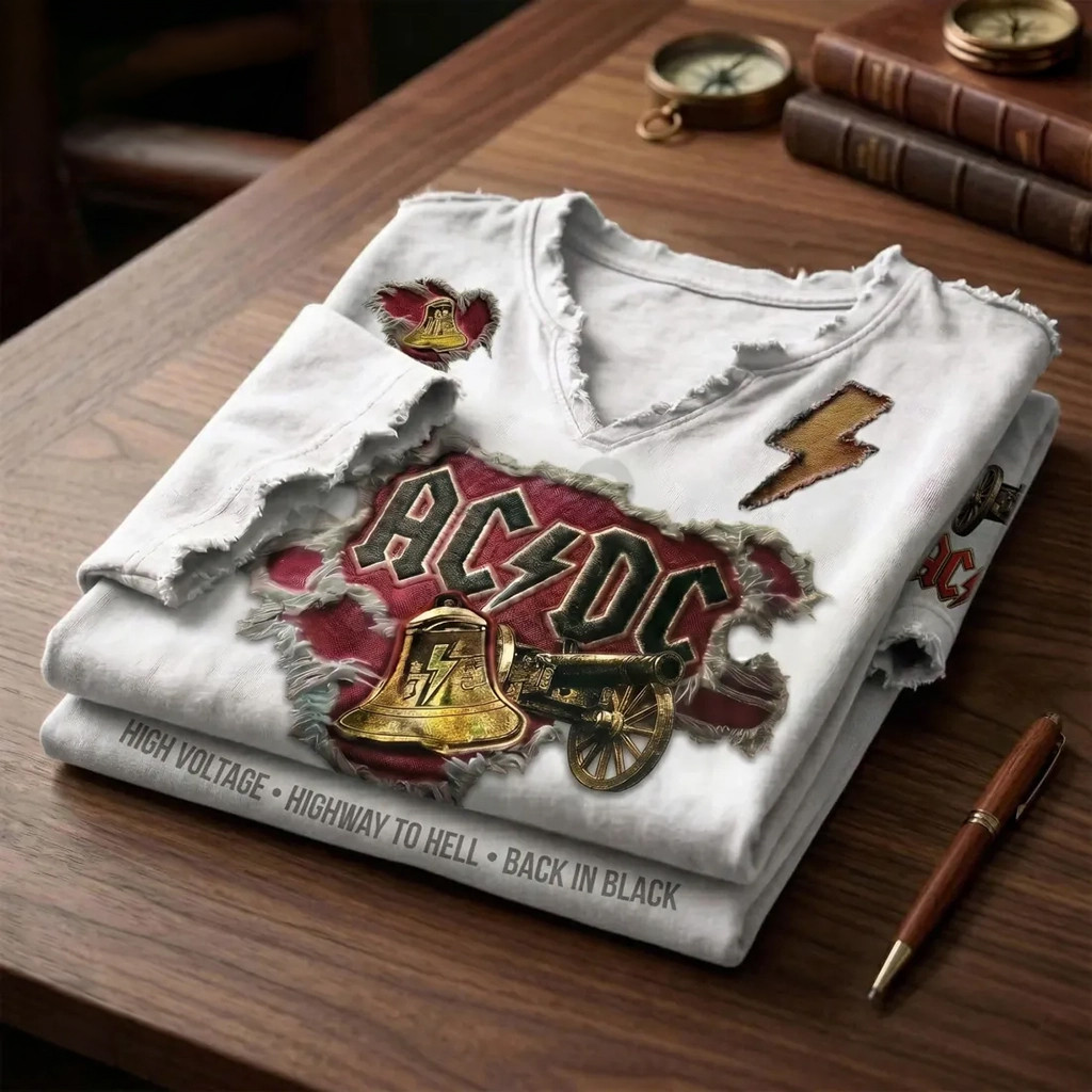 ACDC Distressed White T-Shirt With Bell and Cannon Shirt AC DC Merch Present For Band Fans