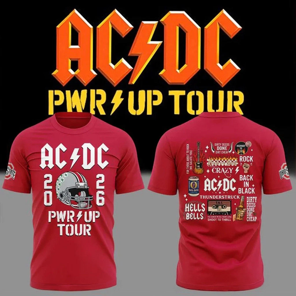 ACDC x Ohio State Buckeyes Merch ACDC Power Up Tour 2026 At Ohio Stadium T-Shirt Red