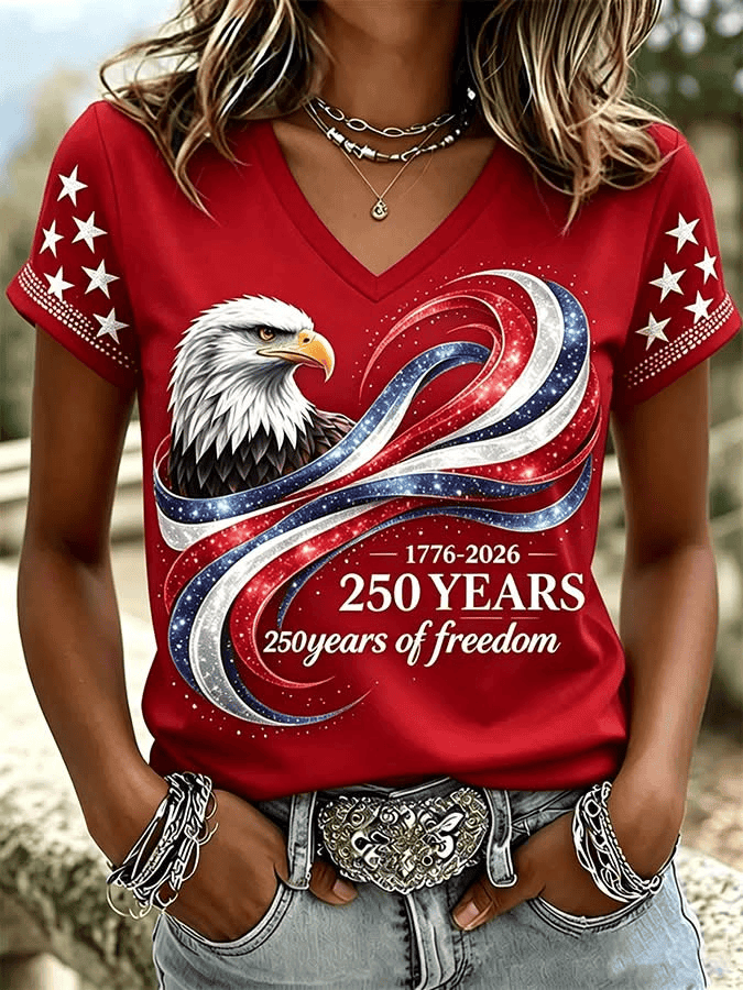 America 250 Years Of Freedom Eagle V-Neck Shirt 1776 2026 Patriotic Merch Gift For 4th Of July