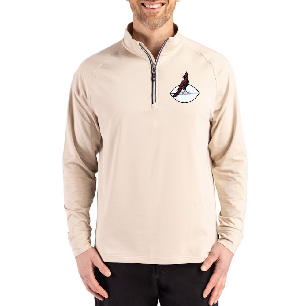 Arizona Cardinals Merch - Men's Tan Throwback Logo Stretch Recycled Quarter-Zip Pullover - Cutter & Buck - Football Fan Gift Ideas