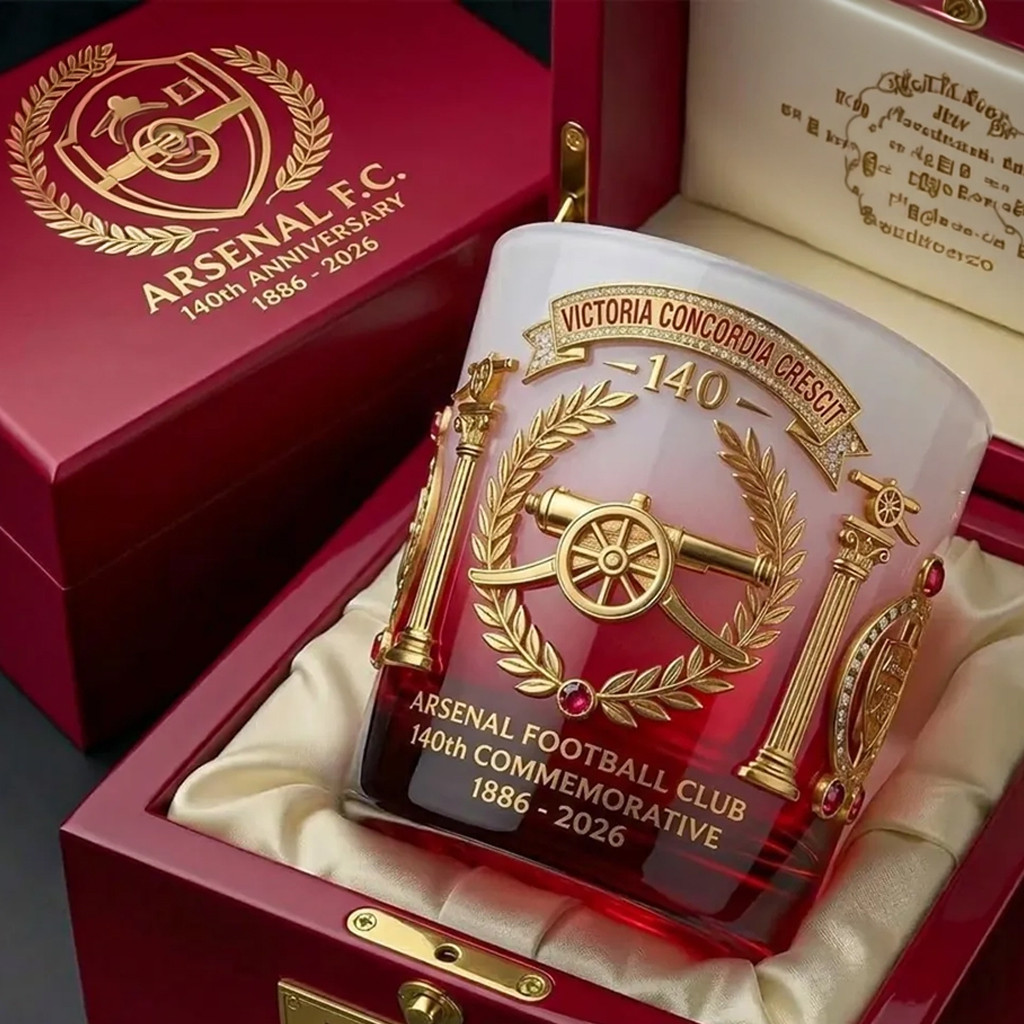 Arsenal FC 140th Anniversary Whiskey Glass 2026 AFC Victoria Concordia Crescit Glass Fan Gifts
