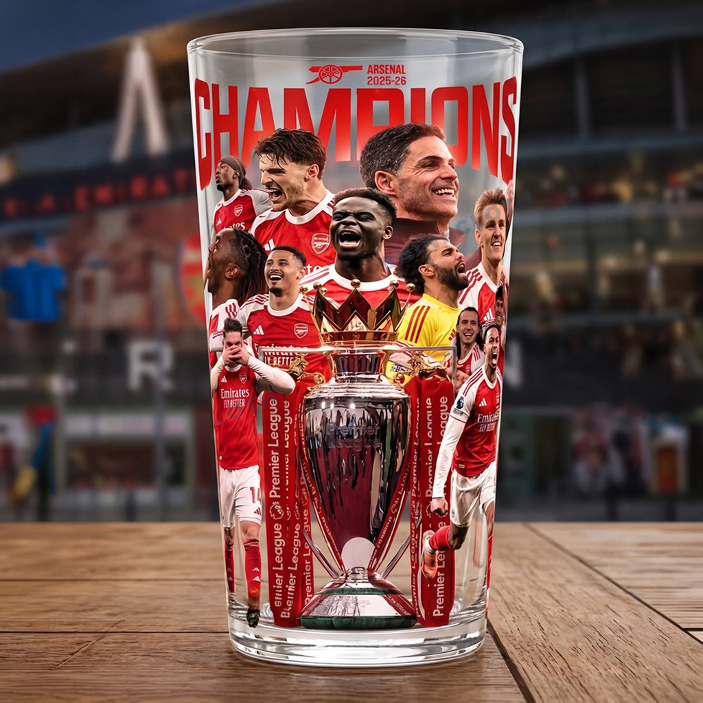 Arsenal Premier League Champions 2025-26 Glass Beer Arsenal FC Merch Gift For Men