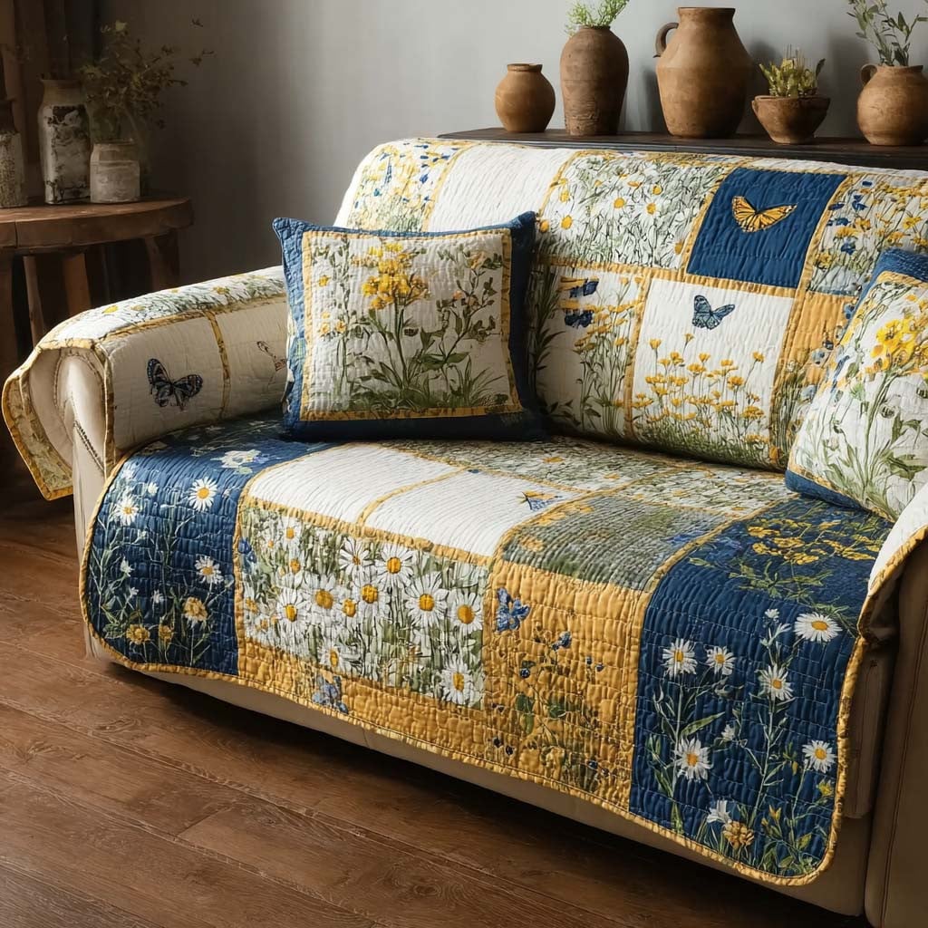 Azure Daisy Quilted Couch Cover Washable Sofa Cover For Dogs Mothers Day Gift For Great Grandma