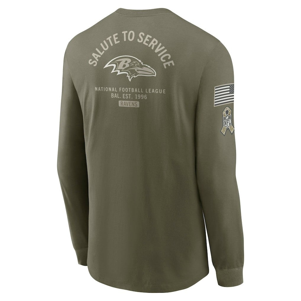 Baltimore Ravens 2025 Salute to Service Sideline Long Sleeve T-Shirt - Olive - Image 2