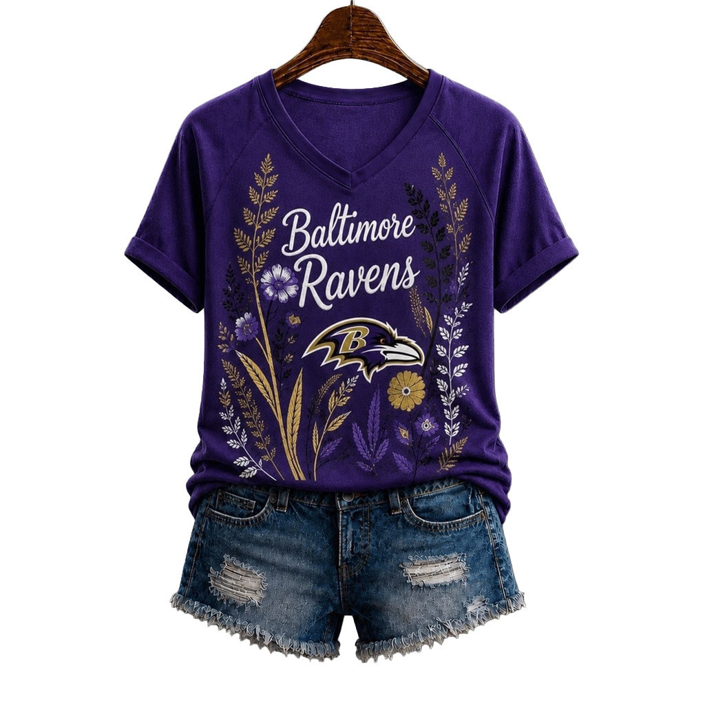 Baltimore Ravens Floral Garden V-Neck T-Shirt Ravens Merch Gifts For Football Fan