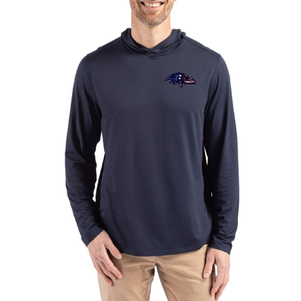 Baltimore Ravens Merch - Men's Americana Coastline Epic Comfort Eco Recycled Long Sleeve Hoodie T-Shirt, Navy - Cutter & Buck - Football Related Gift Ideas