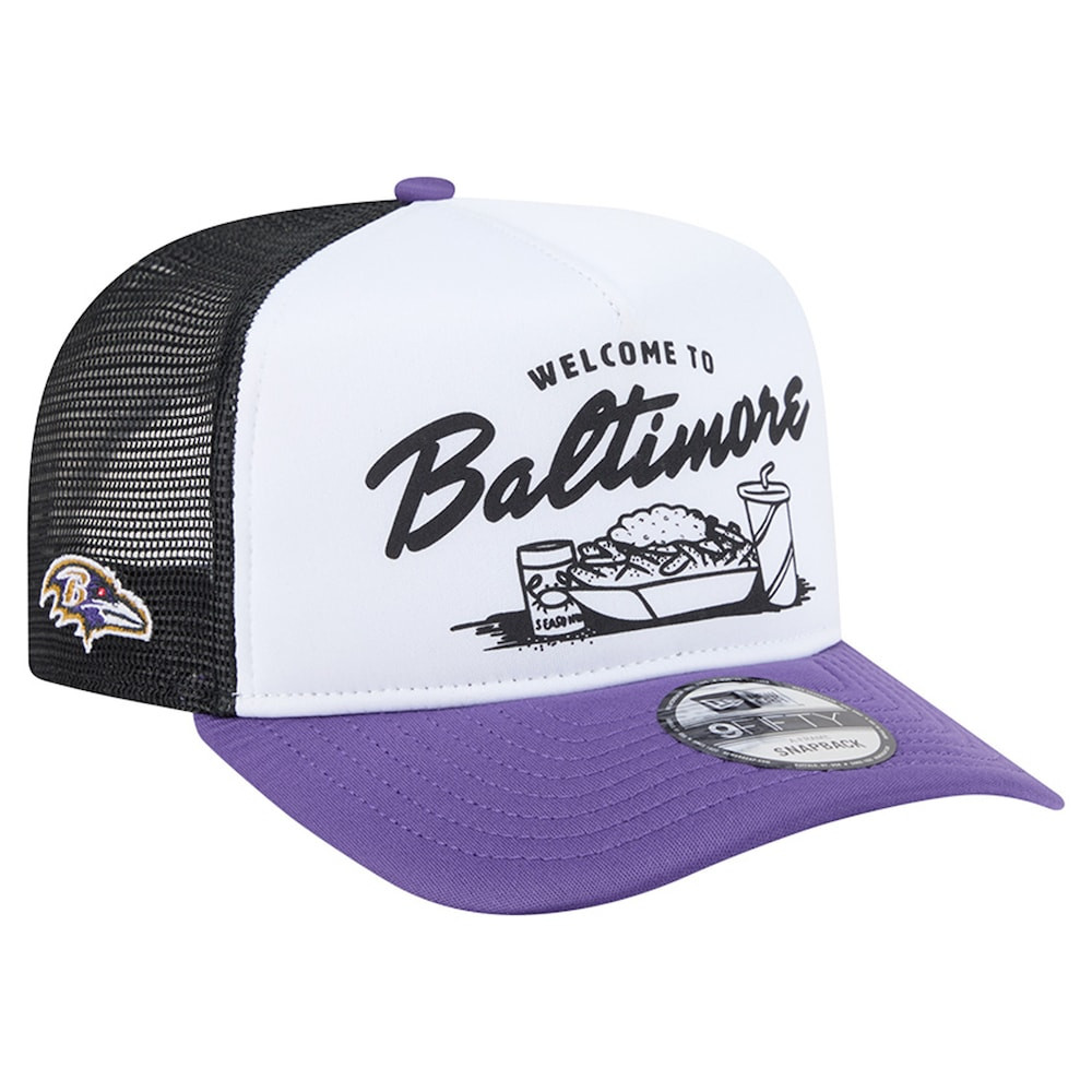 Baltimore Ravens Merch - Men's Purple Foodie 9FIFTY A-Frame Trucker Snapback Hat, White - New Era - Presents For Football Lovers