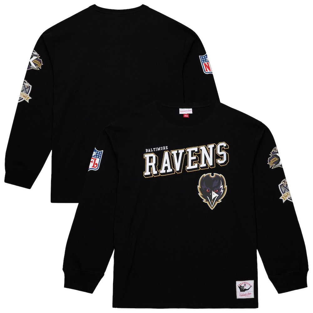 Baltimore Ravens Merch - Men's Training Camp Vintage Logos Long Sleeve T-Shirt, Black - Mitchell & Ness - Best Football Christmas Gifts