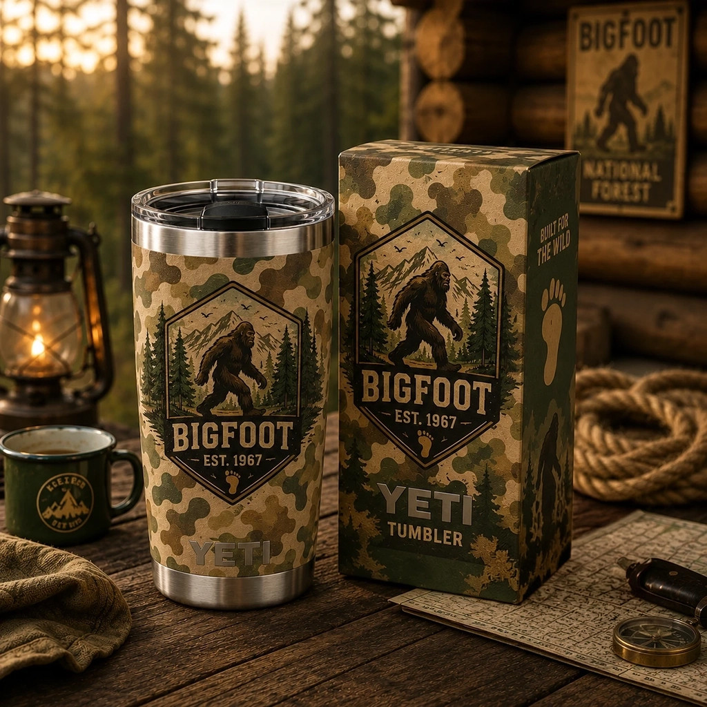 Bigfoot Est 1967 Forest Camo Yeti Tumbler Built For The Wind Cup Bigfoot Lover Gift For Dad
