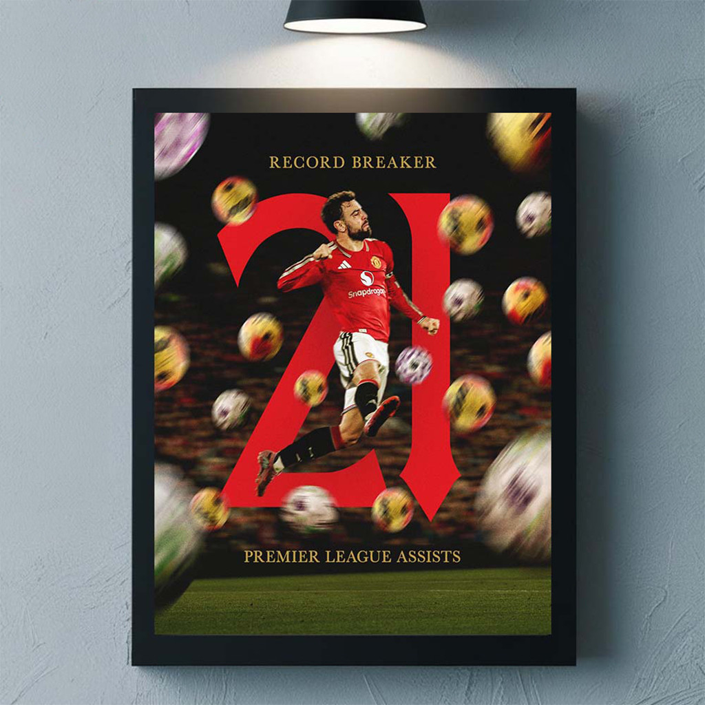 Bruno Fernandes Manchester United 25 26 Premier League 21 Assists Record Breaker Poster Decor