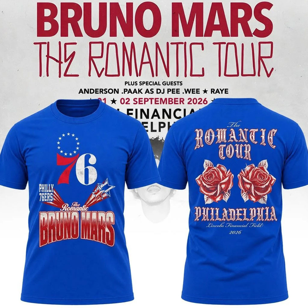 Bruno Mars Merch 2026 Bruno Mars x Philadelphia 76ers The Romantic Tour 2026 T-Shirt Blue