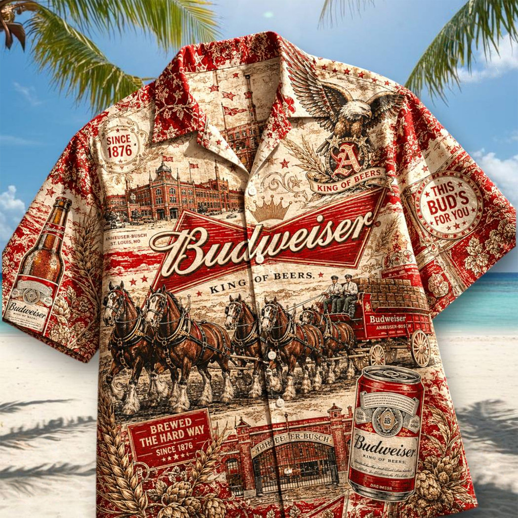 Budweiser Vintage Style Brewery Graphic Hawaiian Shirt 2026 King Of Beers Budweiser Merch