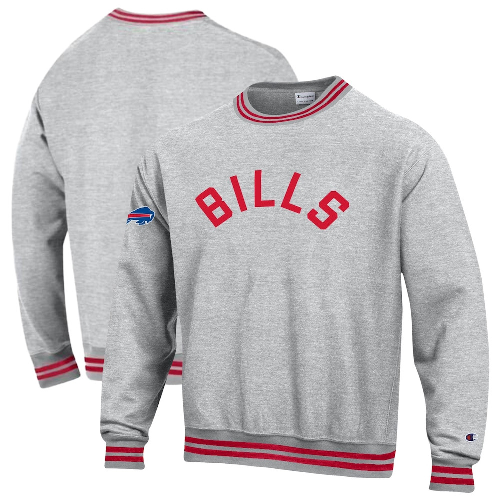 Buffalo Bills Merch - Men's Champion Reverse Weave Yarn Dye Sweatshirt, Heather Gray Red - Football Fan Birthday Gift