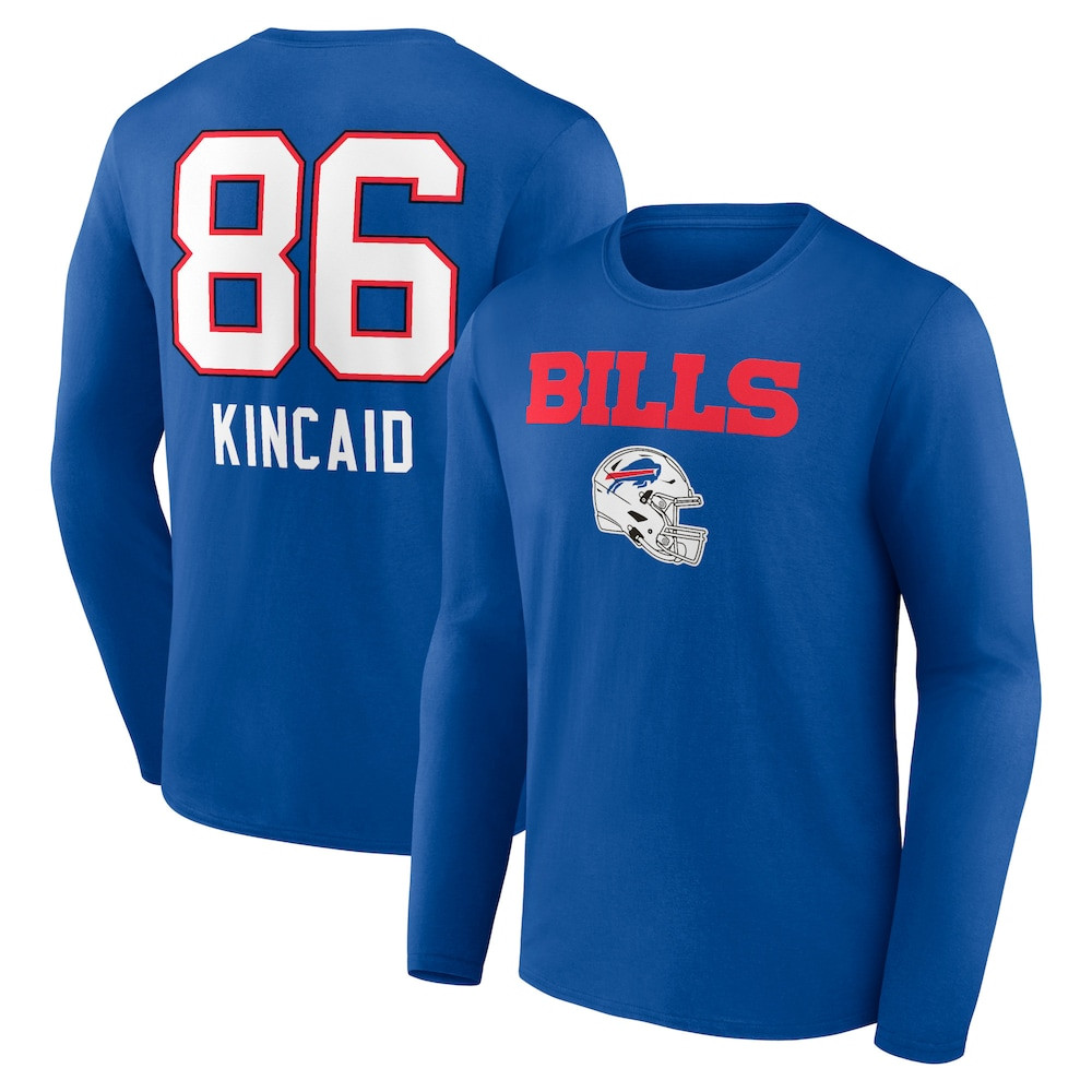 Buffalo Bills Merch - Men's Dalton Kincaid Royal Team Wordmark Player Name & Number Long Sleeve T-Shirt - Football Gifts For Him