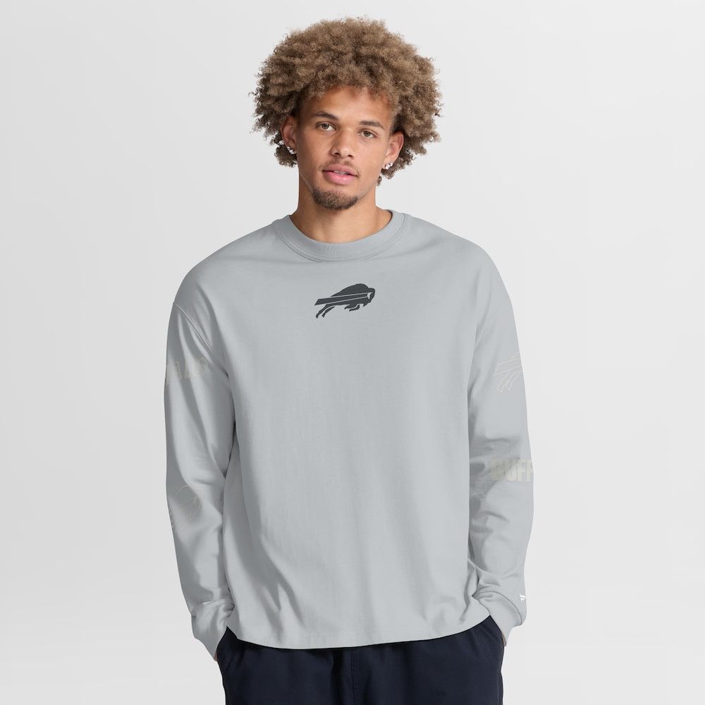 Buffalo Bills Merch - Men's Fanatics Gray Oversized Type Play Long Sleeve T-Shirt - Football Present Ideas