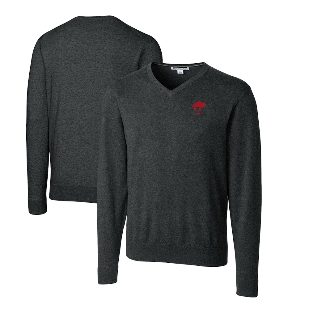 Buffalo Bills Merch - Men's Heather Throwback Logo Lakemont V-Neck Pullover Sweater, Big & Tall, Charcoal - Cutter & Buck - Good Football Gifts