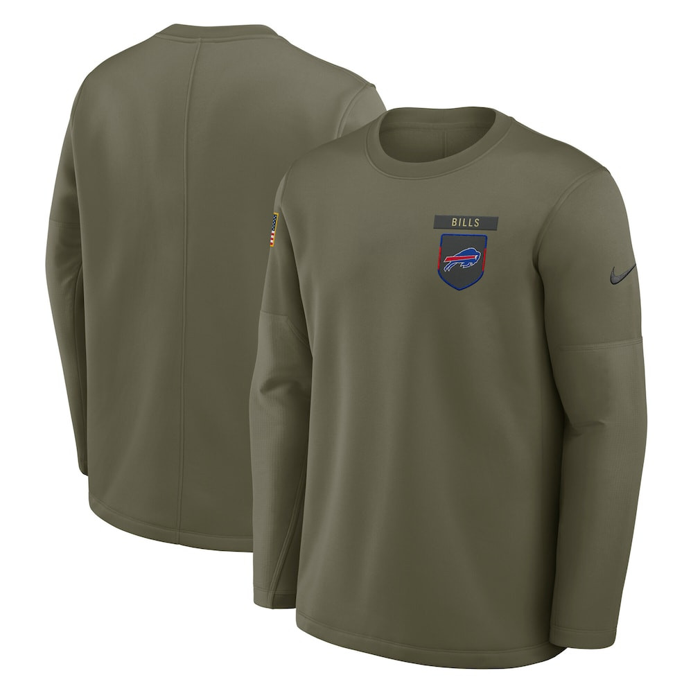 Buffalo Bills Merch - Men's Olive 2025 Salute to Service Sideline Coaches Therma-FIT Long Sleeve Shirt - Best Football Gifts
