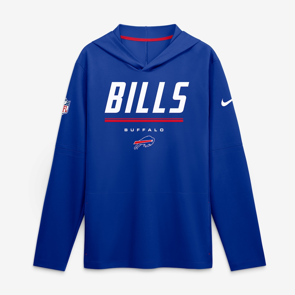 Buffalo Bills Merch - Men's Royal Sideline Game On Lightweight Long Sleeve Hooded Dri-FIT Top - Best Football Gifts For Adults