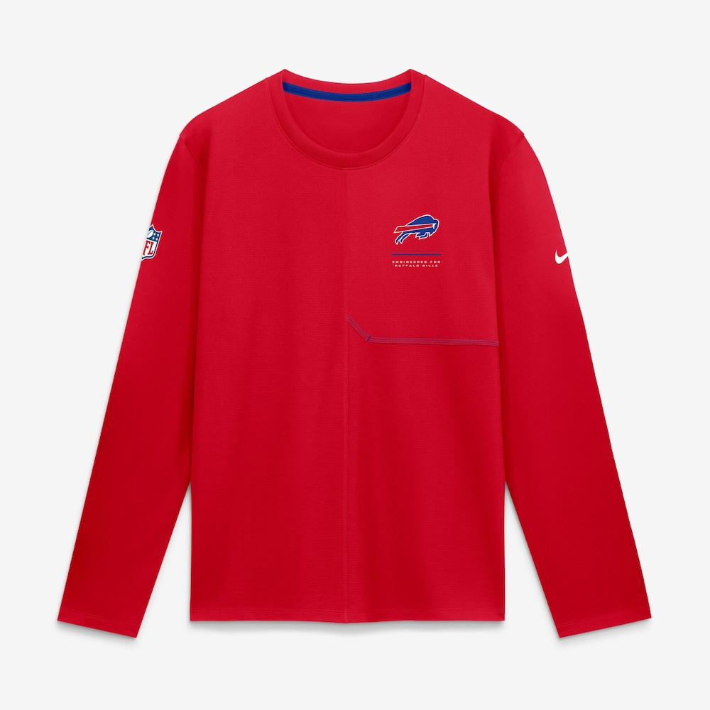 Buffalo Bills Merch - Men's Sideline Coaches UV Dri-FIT Long Sleeve Shirt, Red - Birthday Present For Football Fan