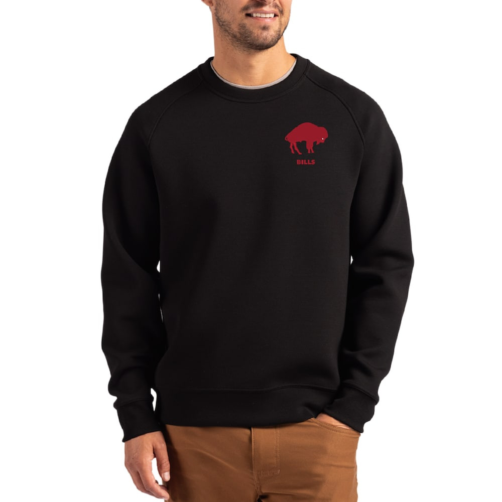 Buffalo Bills Merch - Men's Throwback Roam Recycled Raglan Pullover Sweatshirt, Black - Cutter & Buck - Best Football Gifts For Adults
