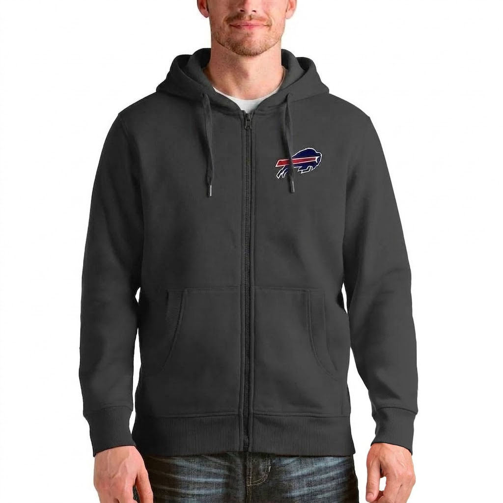 Buffalo Bills Merch - Men's Victory Full-Zip Hoodie, Charcoal - Antigua - Christmas Gifts For Football Fans