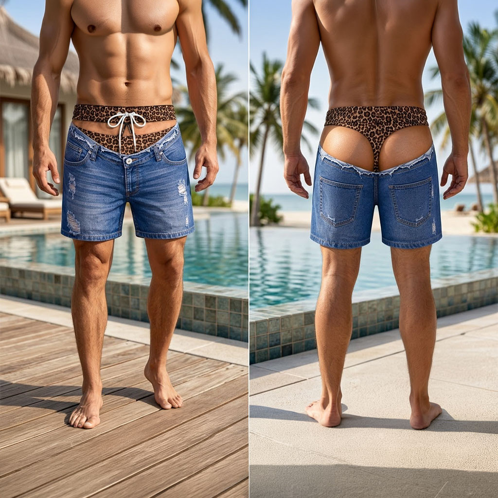 Built In Leopard Thong Distressed Denim Funny Shorts Summer Vacation Gift For Men