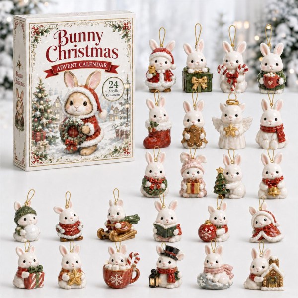 Bunny Christmas Advent Calendar 24 Cute Rabbit Christmas Ornaments Countdown Gifts For Xmas - Image 2