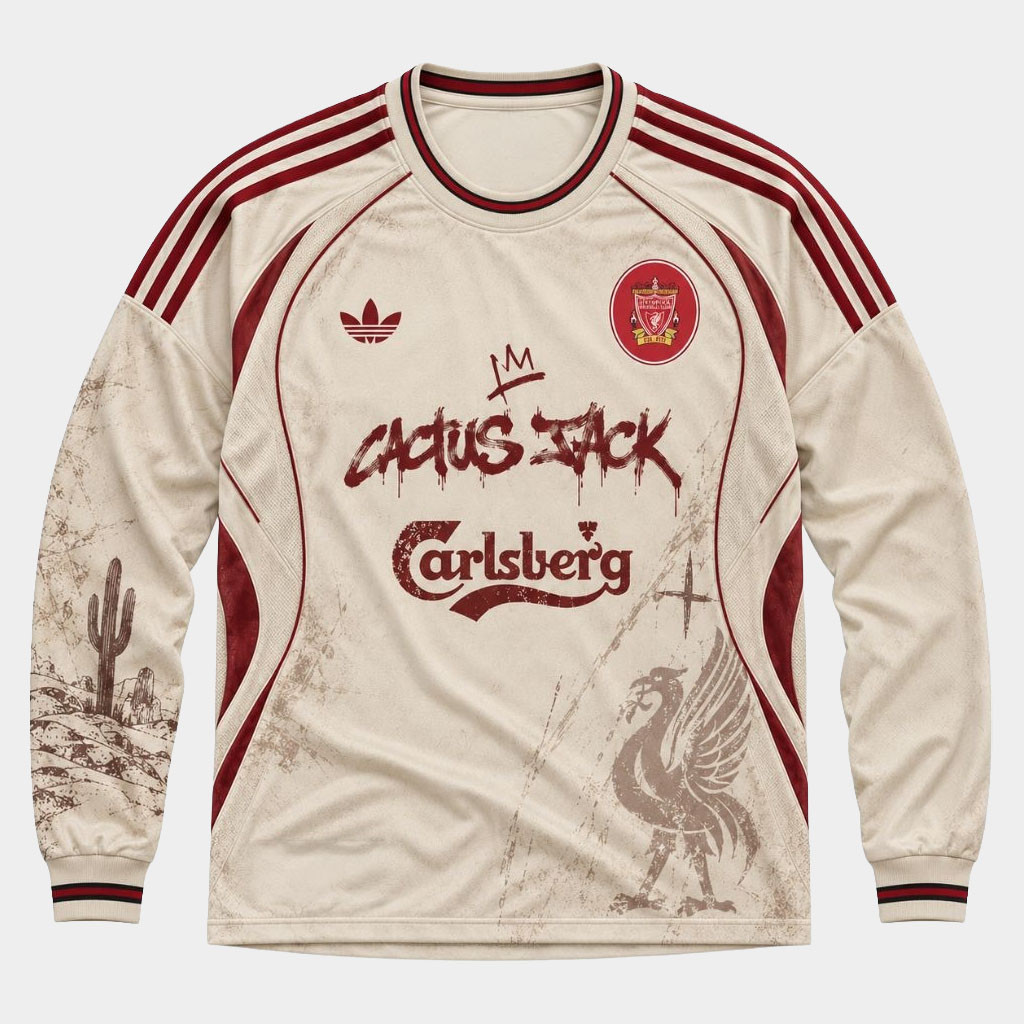 Cactus Jack X Liverpool FC Merch 2026 Cactus Jack Carlsberg Retro Long Sleeve Jersey Fan Gear