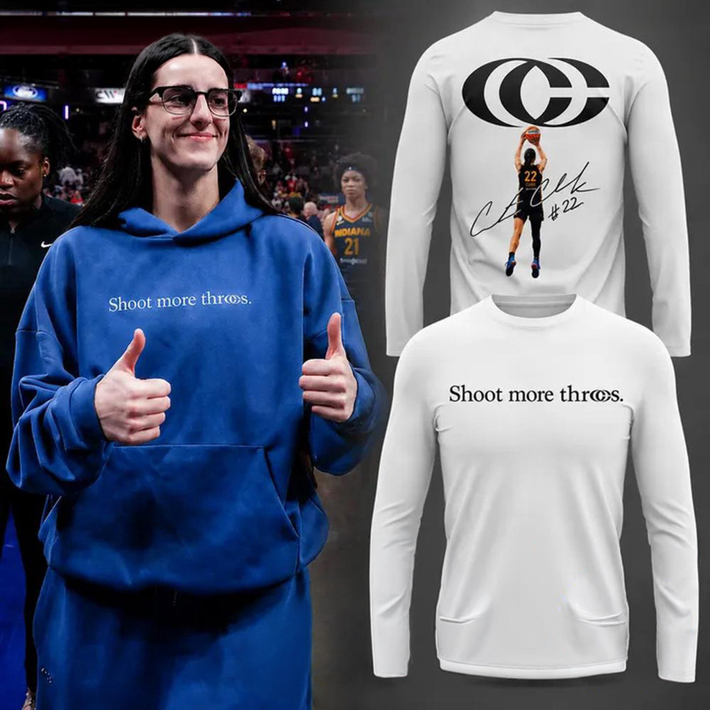 Caitlin Clark Merch 2026 Shoot More Threes Logo And Signatures Long Sleeve Shirt White