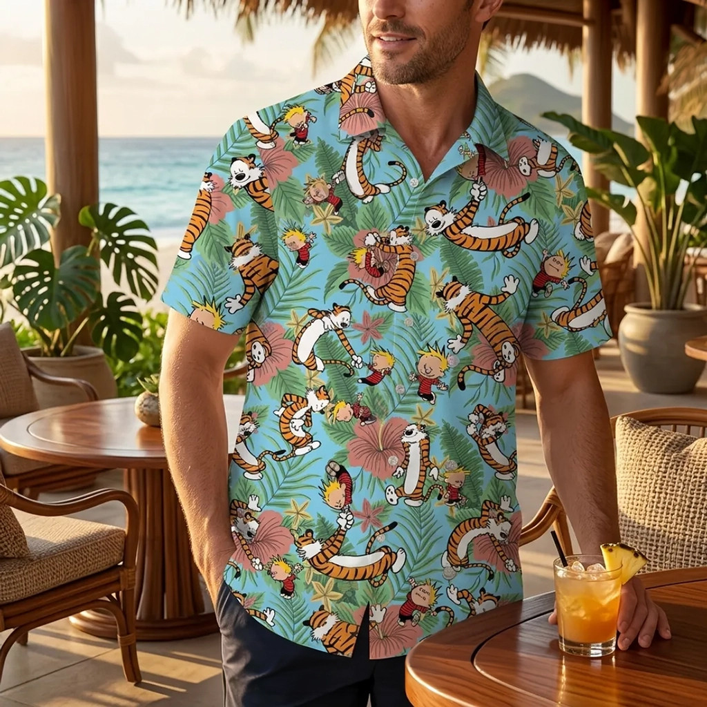 Calvin And Hobbes Dancing Blue Hawaiian Shirt 2026 Calvin And Hobbes Merch Gift For Husband
