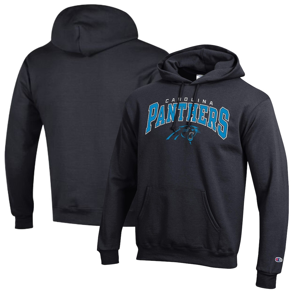 Carolina Panthers Merch - Men's Champion Powerblend Arch over Logo Hoodie, Black - Best Football Gifts