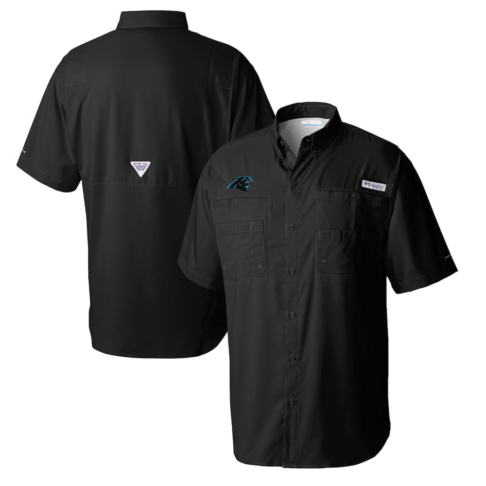 Carolina Panthers Merch - Men's Columbia Tamiami Omni-Shade Button-Down Shirt, Black - Presents For Football Lovers