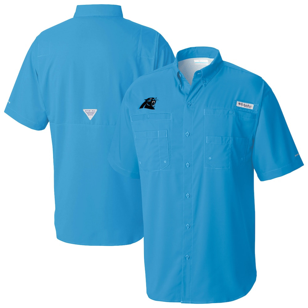 Carolina Panthers Merch - Men's Columbia Tamiami Omni-Shade Button-Down Shirt, Blue - Cool Football Gifts