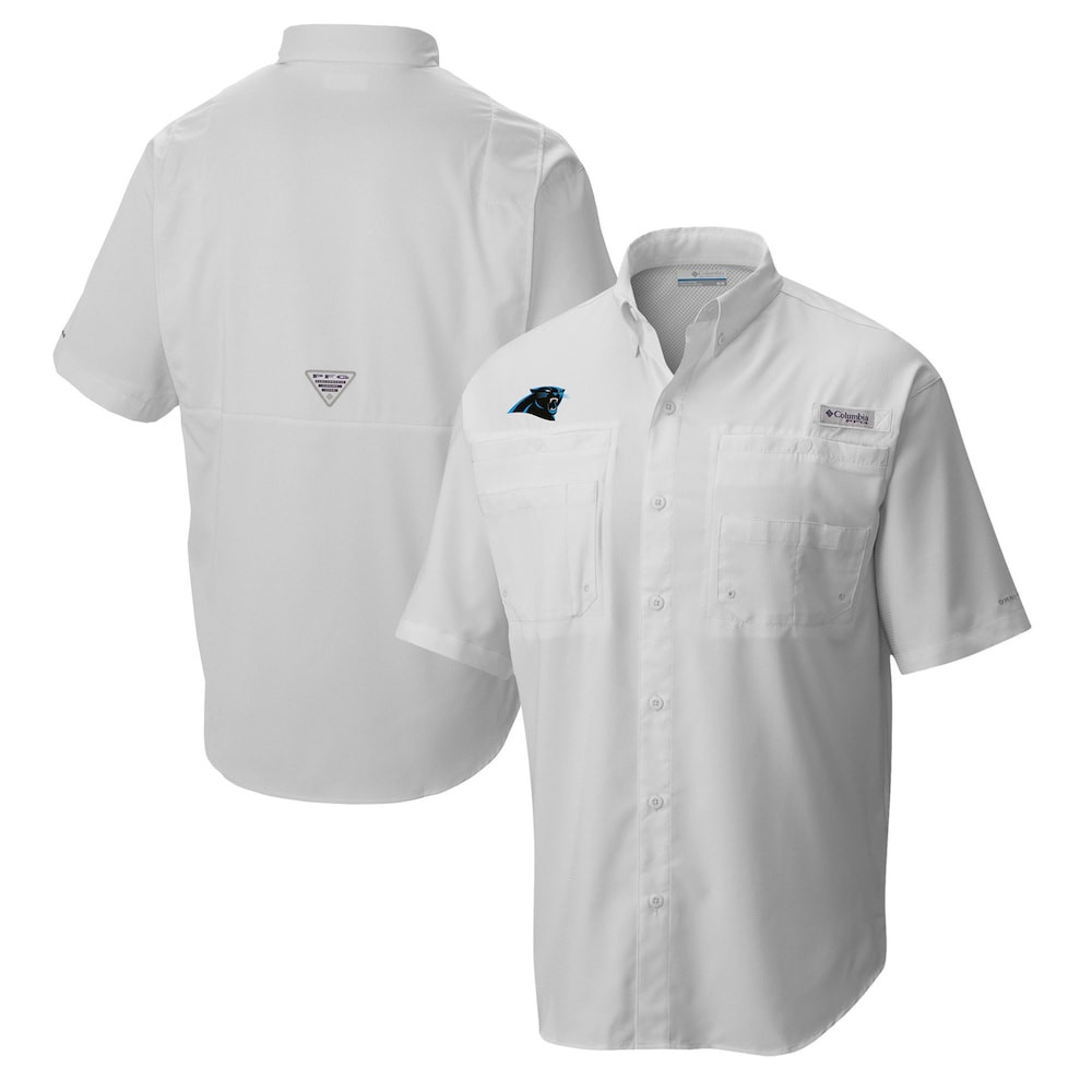 Carolina Panthers Merch - Men's Columbia Tamiami Omni-Shade Button-Down Shirt, White - American Football Fan Gifts