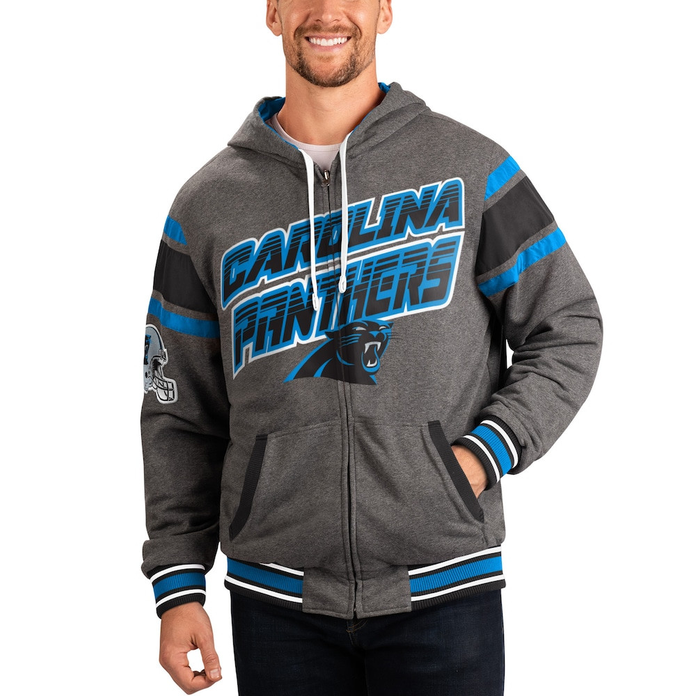 Carolina Panthers Merch - Men's Gray Extreme Full Back Reversible Hoodie Full-Zip Jacket, Black - G-III Sports by Carl Banks - Football Fan Present Ideas