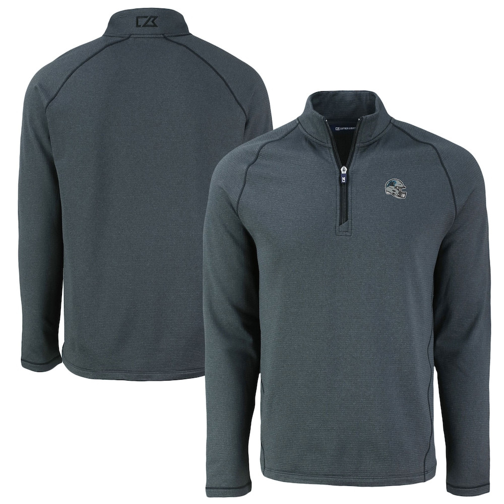 Carolina Panthers Merch - Men's Heather Peshastin Eco Fleece Raglan Recycled Quarter-Zip Jacket, Black - Cutter & Buck - Birthday Gift For Football Lover