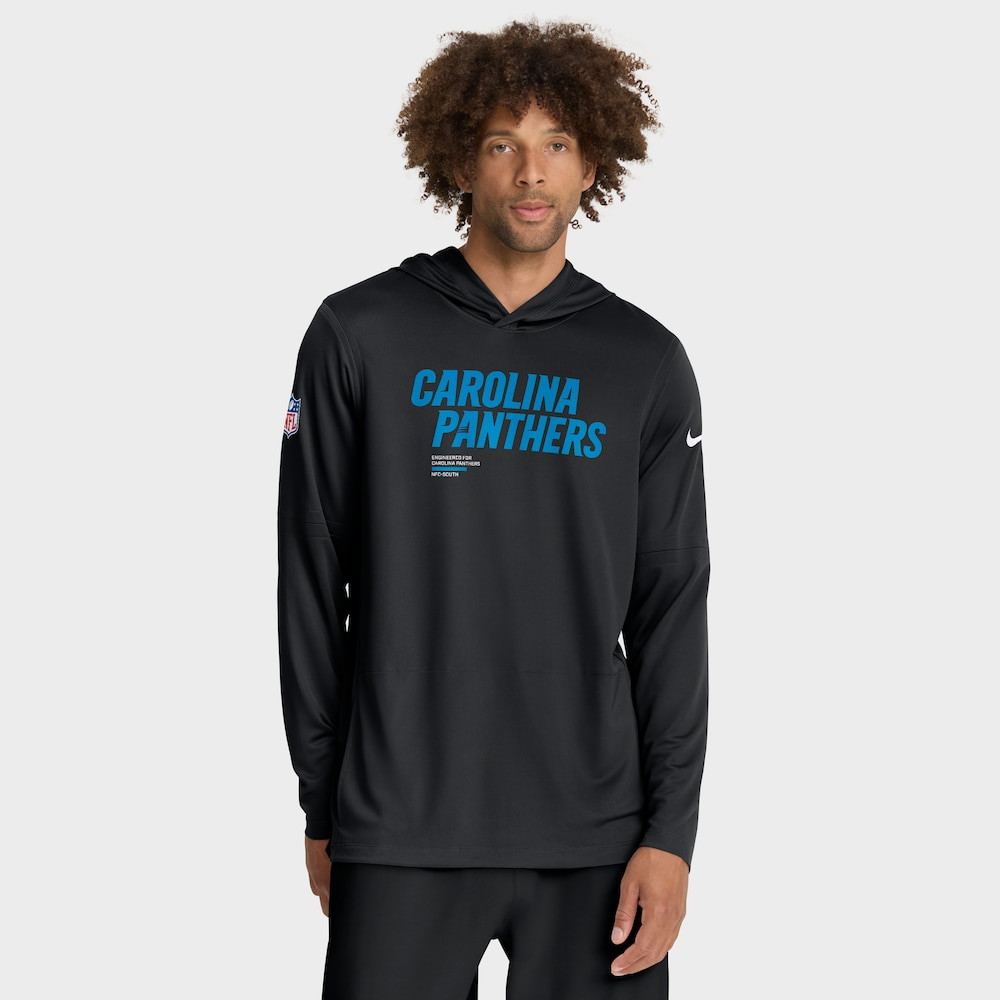Carolina Panthers Merch - Men's Sideline Pure Fury Performance Long Sleeve Hooded T-Shirt, Black - Football Present Ideas