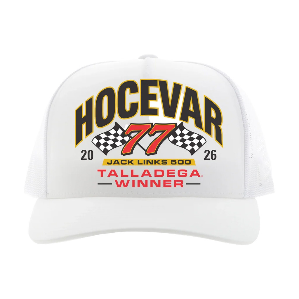 Carson Hocevar Merch #77 Carson Hocevar Talladega Winner White Trucker Hat 2026 NASCAR Fan Gift