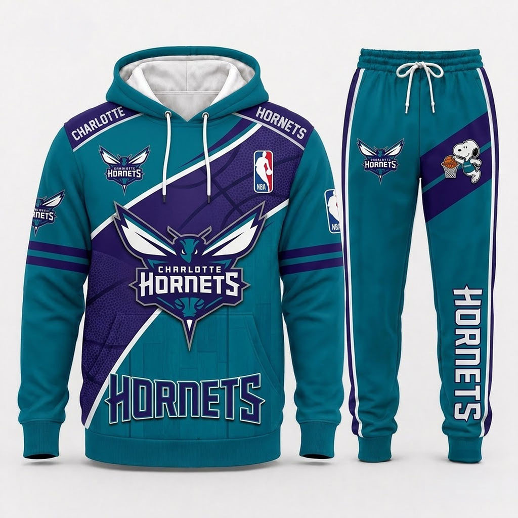 Charlotte Hornets Snoopy Basketball Hoodie And Joggers Set Hornets Merch Basketball Lovers Gifts