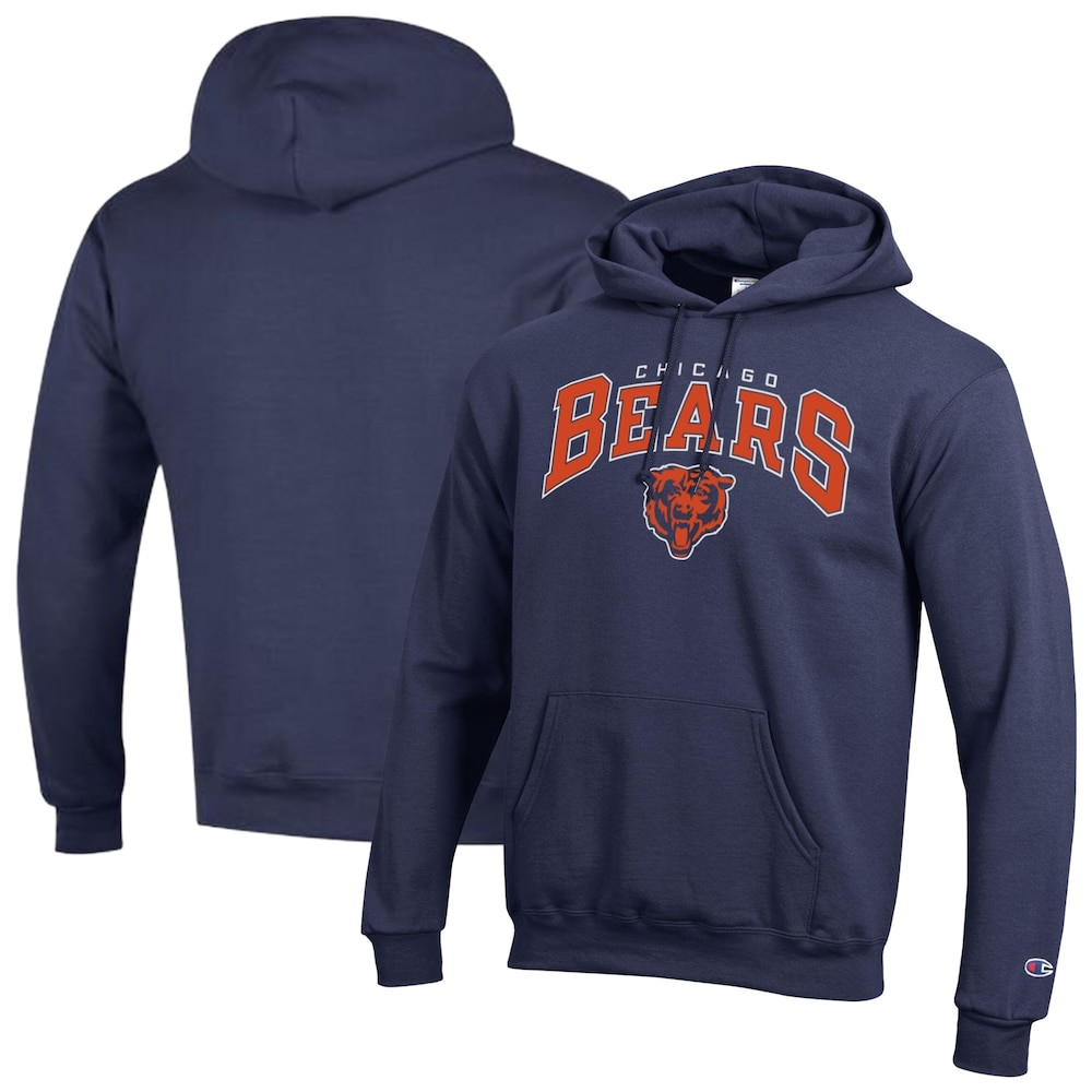 Chicago Bears Merch - Men's Champion Powerblend Arch over Logo Hoodie, Navy - Presents For Football Fans