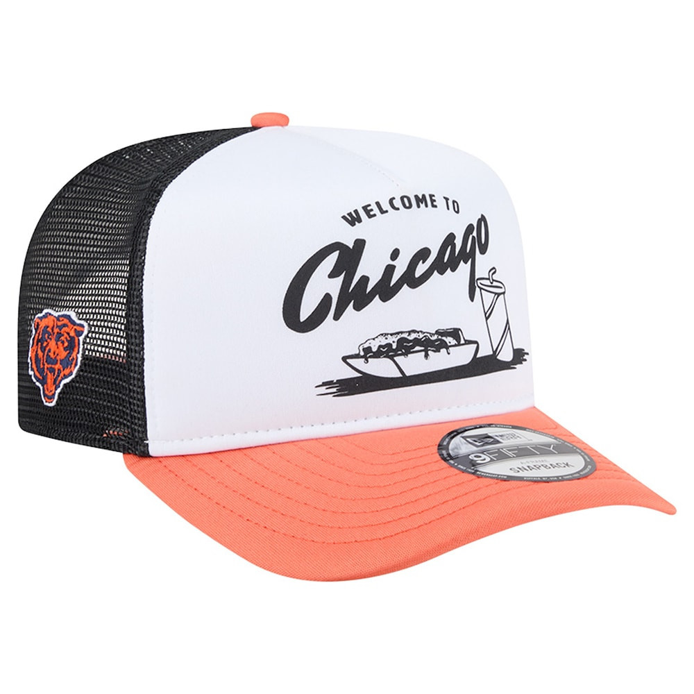 Chicago Bears Merch - Men's Foodie 9FIFTY A-Frame Trucker Snapback Hat, White Orange - New Era - Football Gifts For Men