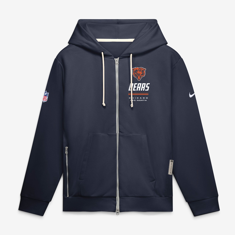 Chicago Bears Merch - Men's Sideline Standard Issue Quarterback Scramble Dri-FIT Full-Zip Hoodie, Navy - Football Present Ideas