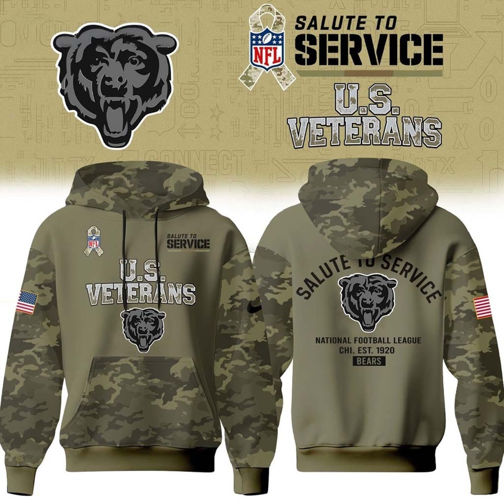 Chicago Bears US Veterans Salute To Service 2026 Hoodie Chicago Bears Merch Football Fan Gifts