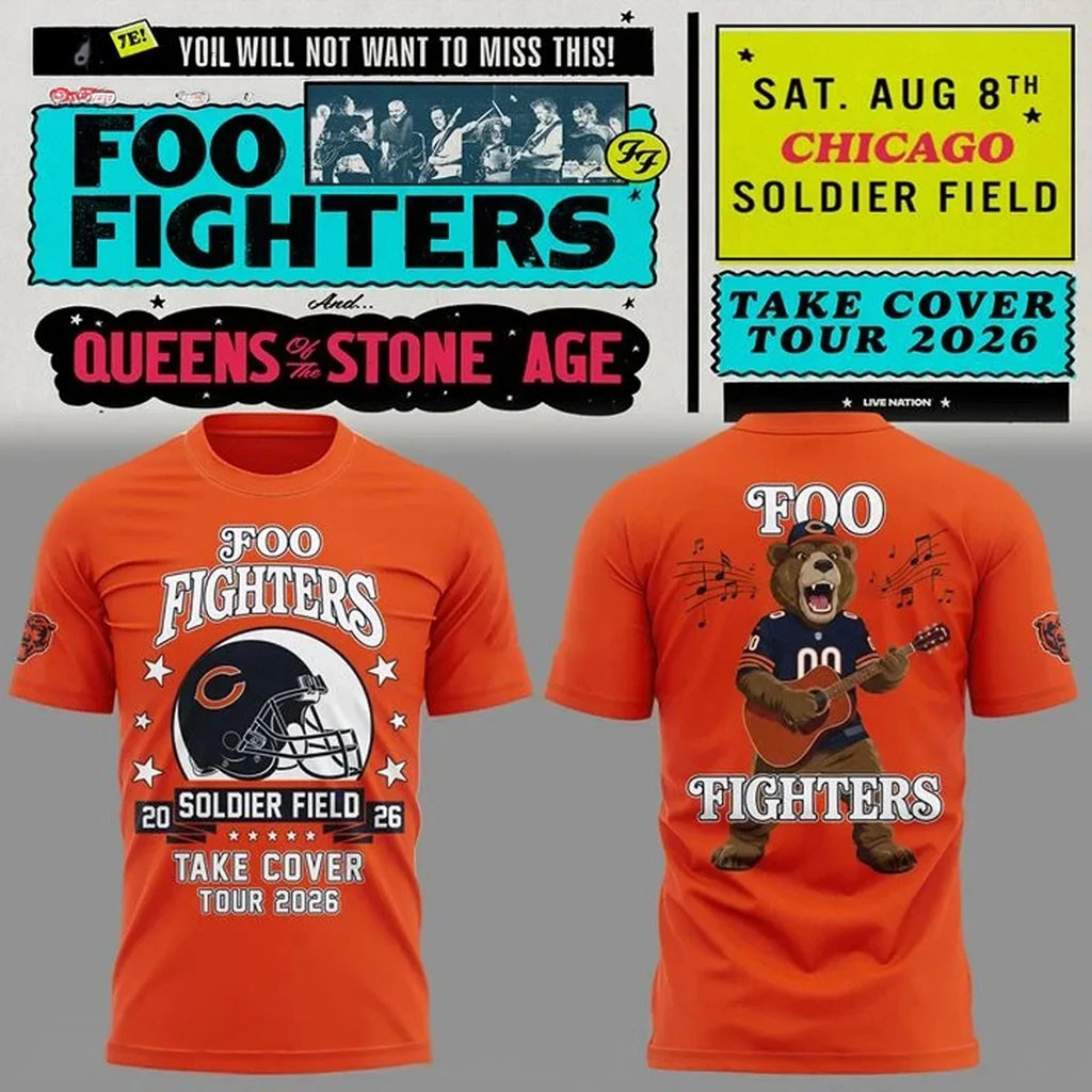 Chicago Bears X Foo Fighters Take Cover Tour 2026 T-Shirt Orange Chicago Bears Merch Fan Gifts